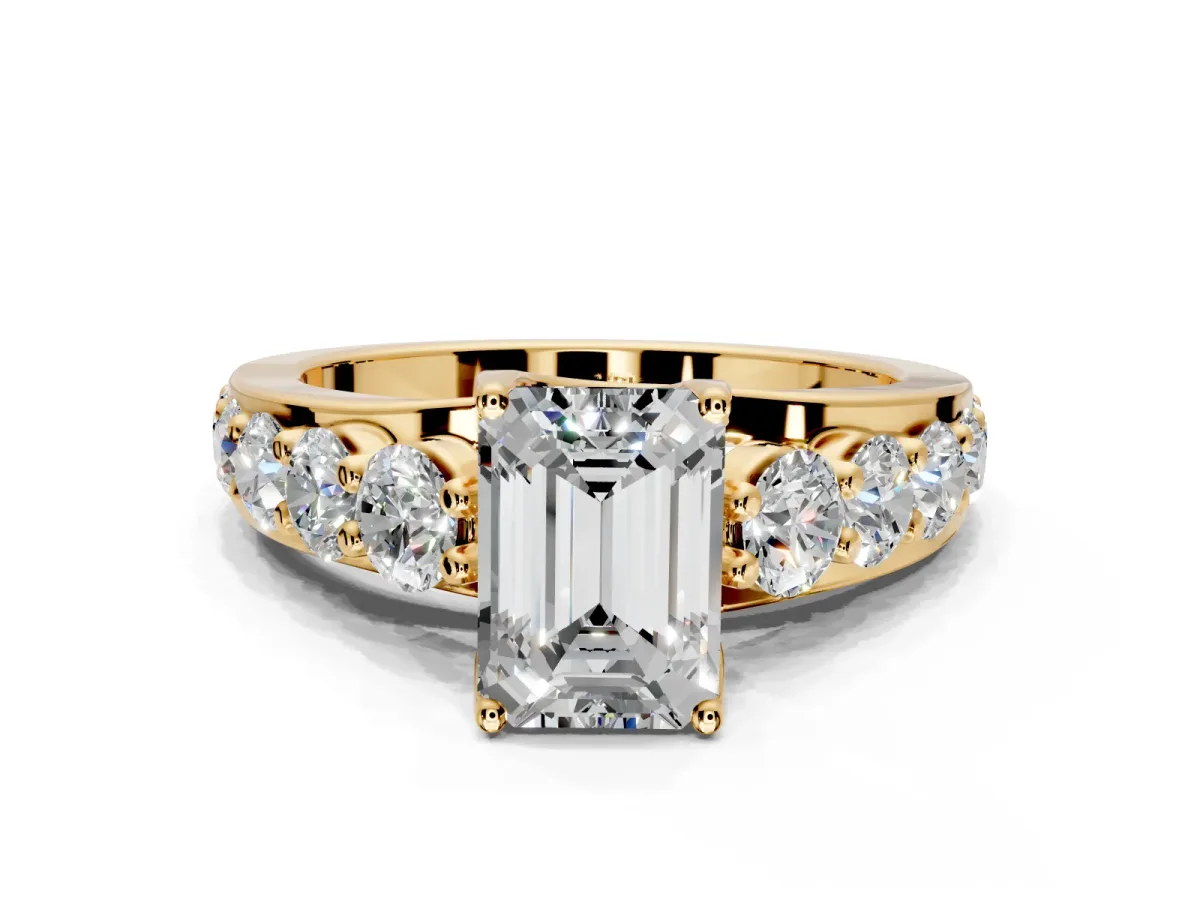 Solitaire Engagement Ring Setting for Emerald Cut Center with Graduated Shared Prongs and Prong Head in Yellow Gold