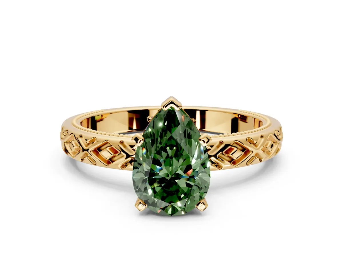 Solitaire Engagement Ring Setting for Fancy Green Pear-Shaped Center with Milgrain X Pattern Band and Prong Head in Yellow Gold