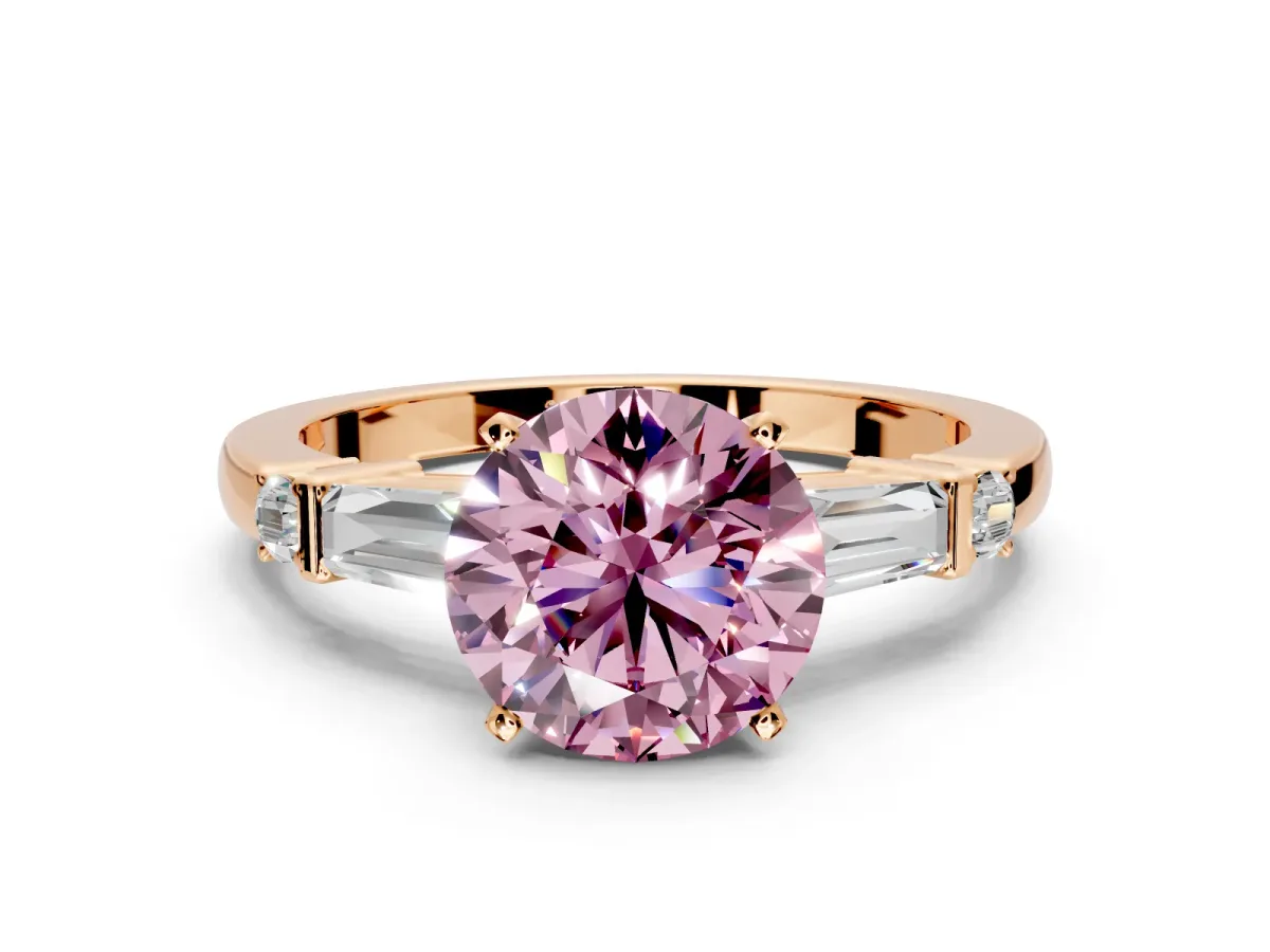 Bar-Set Engagement Ring Setting for Fancy Pink Round Cut Center with Tapered Baguette Accents and Prong Head in Rose Gold