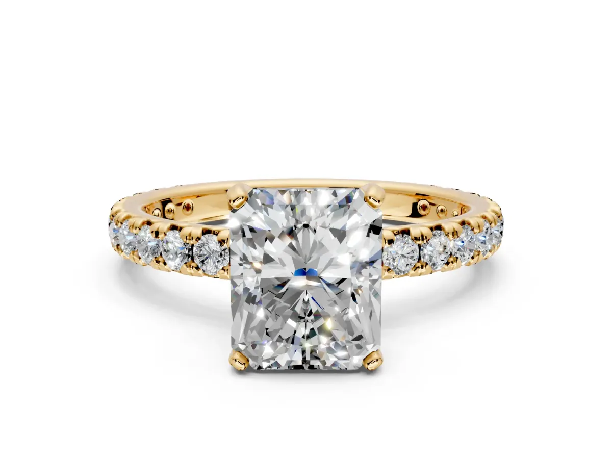 Solitaire Engagement Ring Setting for Radiant Cut Center with Shared-Prong Accents and Prong Head in Yellow Gold