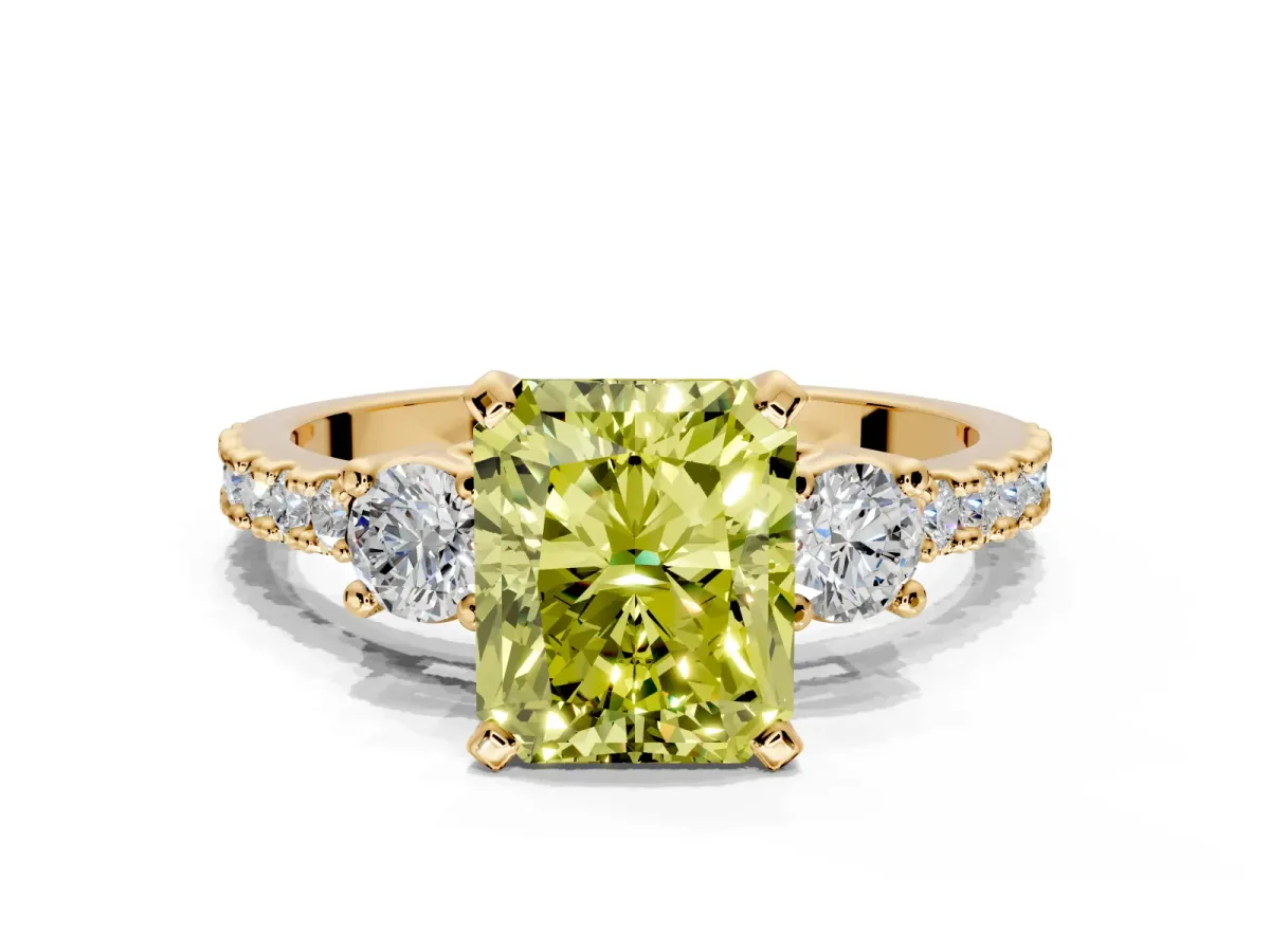 3 Stone Engagement Ring Setting for Fancy Yellow Radiant Cut Center with Round Cut Side Accents and Prong Head in Yellow Gold