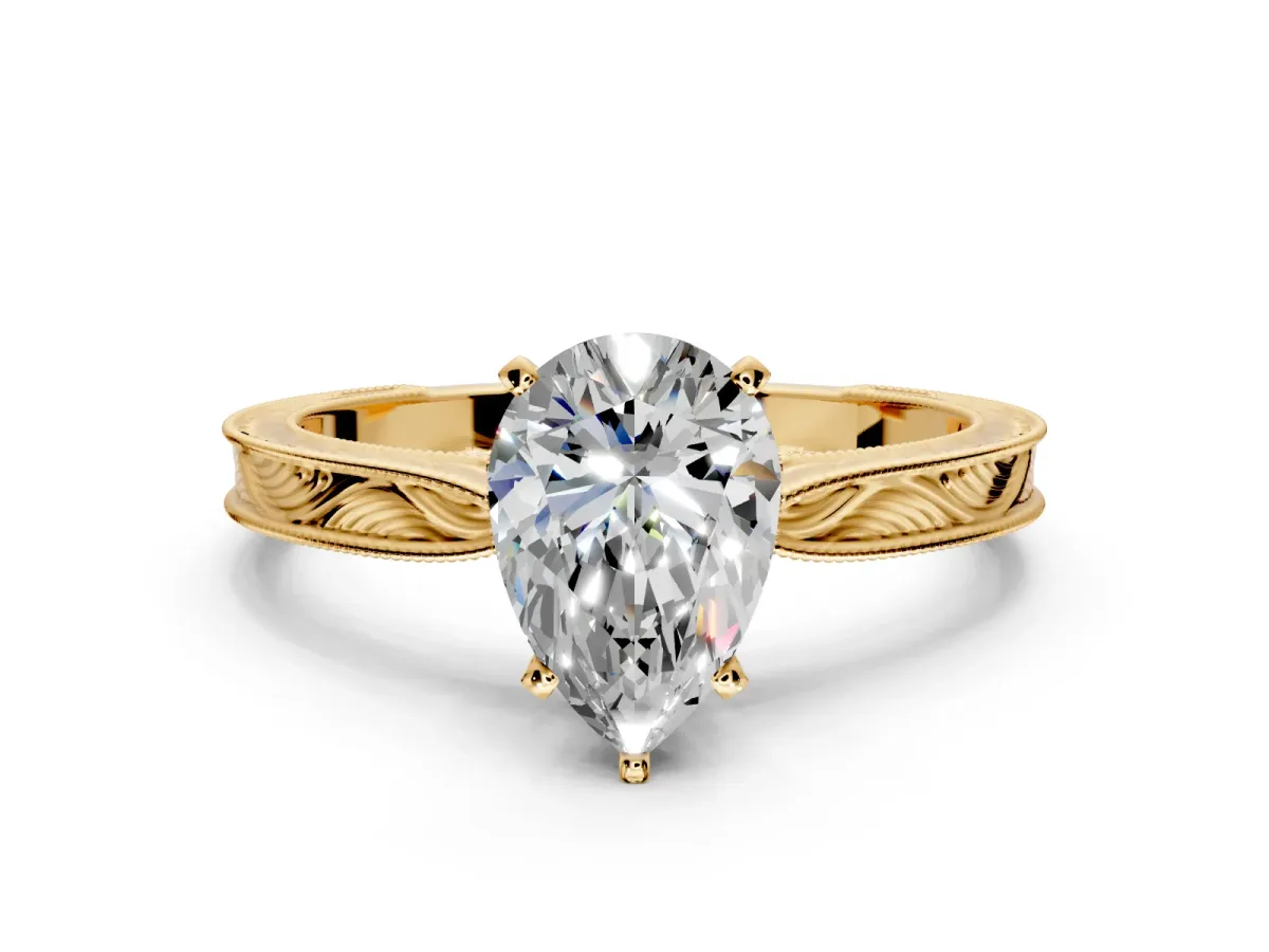 Solitaire Engagement Ring Setting for Pear-Shaped Center with Engraved Milgrain Band and Prong Head in Yellow Gold
