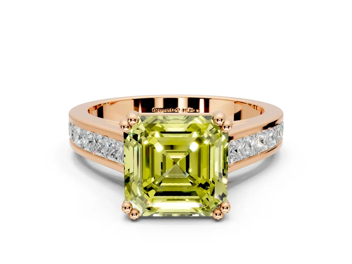 Solitaire Engagement Ring Setting for Fancy Yellow Asscher Cut Center with Channel Band and Double Claw Prong Head in Rose Gold