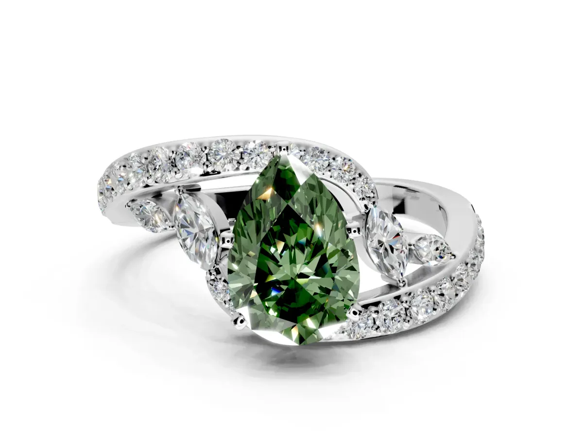 Solitaire Engagement Ring Setting for Fancy Green Pear-Shaped Center with Pave Bypass Twist Band and Prong Head in Platinum