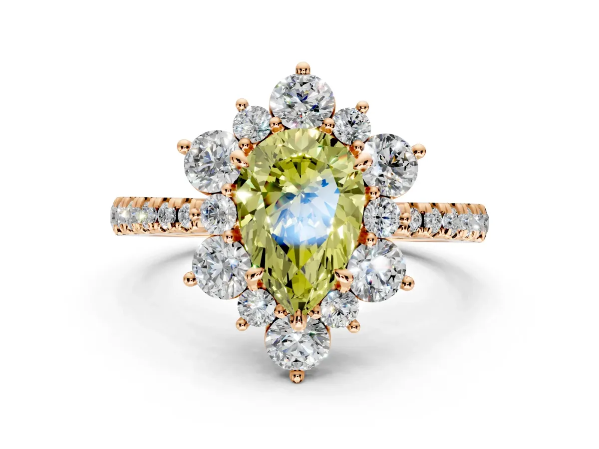 Floral Halo Engagement Ring Setting for Fancy Yellow Pear-Shaped Center with Pave Accents and Prong Head in Rose Gold