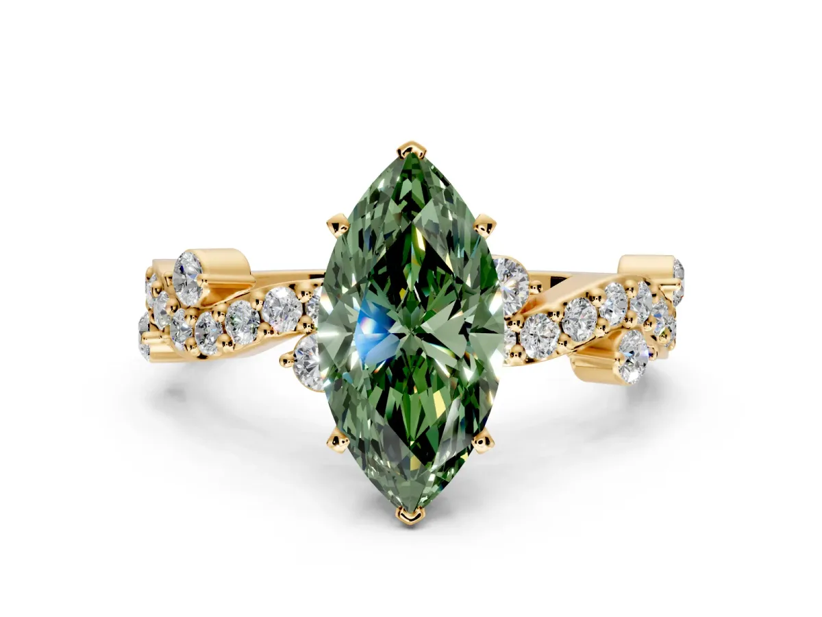 Solitaire Engagement Ring Setting for Fancy Green Marquise Center with Bar-Station Pave Twist and Prong Head in Yellow Gold