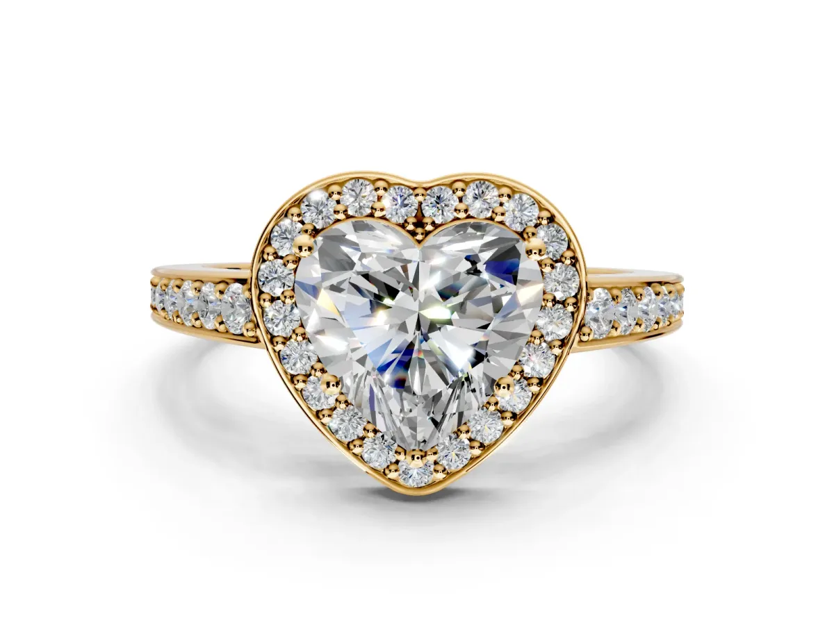 Bezel-Framed Halo Engagement Ring Setting for Heart-Shaped Center with Pave Band and Prong Head in Yellow Gold