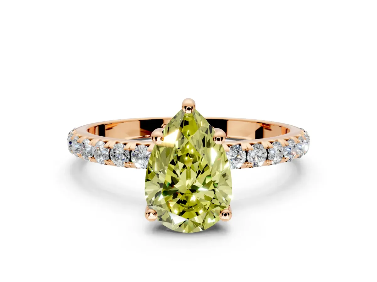 Solitaire Engagement Ring Setting for Fancy Yellow Pear-Shaped Center with Micro Pave Band and Prong Head in Rose Gold