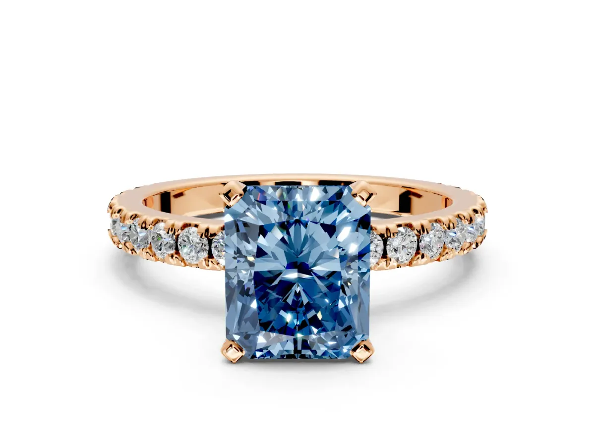 Solitaire Engagement Ring Setting for Fancy Blue Radiant Cut Center with Fine Pave Band and Claw Prong Head in Rose Gold