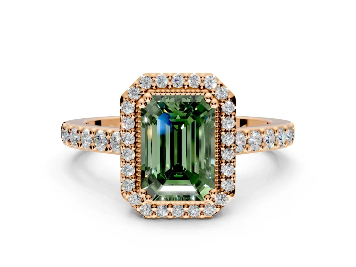 Halo Engagement Ring Setting for Fancy Green Emerald Cut Center with Inner Milgrain Border and Prong Head in Rose Gold