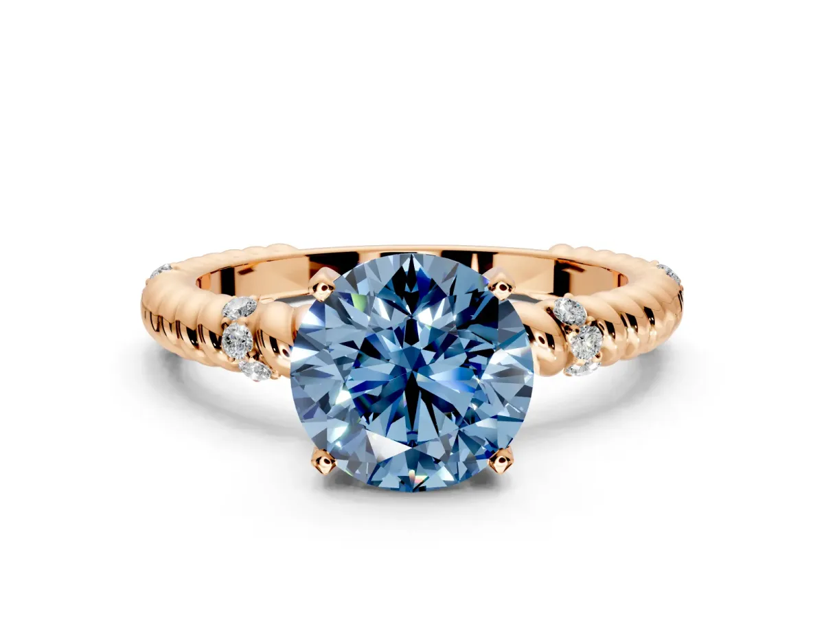 Rope Engagement Ring Setting for Fancy Blue Round Cut Center with Accent Shoulders and Prong Head in Rose Gold