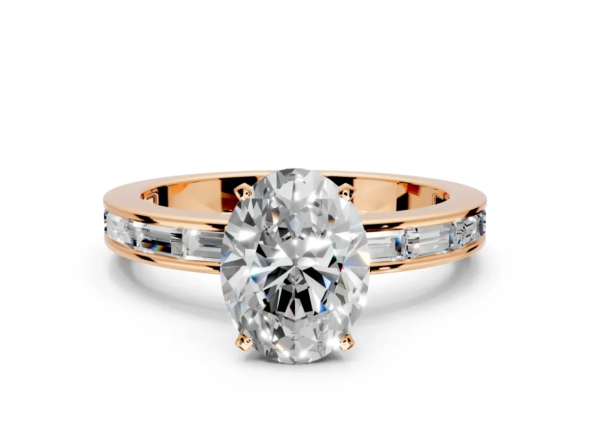 Solitaire Engagement Ring Setting for Oval Center with Channel Baguette Band and Prong Head in Rose Gold