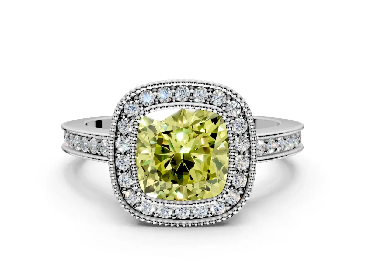 Halo Engagement Ring Setting for Fancy Yellow Cushion Cut Center with Milgrain Halo, Pave Band and Prong Head in White Gold