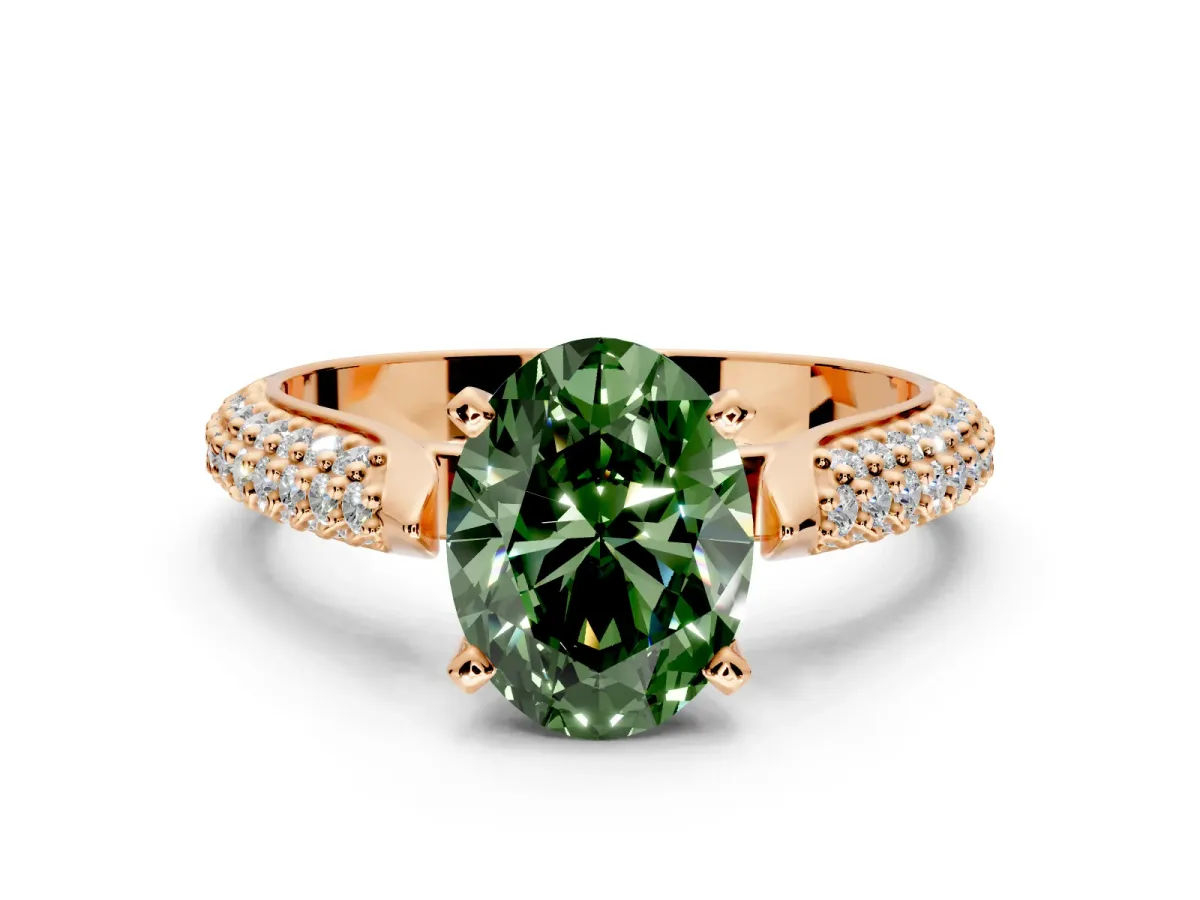 Solitaire Engagement Ring Setting for Fancy Green Oval Center with Multi-Row Accents and Prong Head in Rose Gold