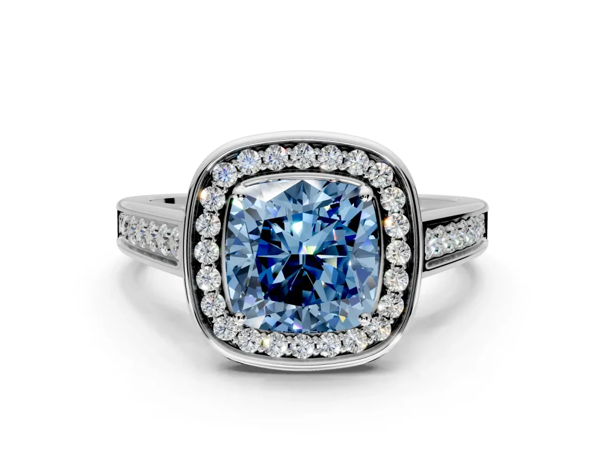 Halo Engagement Ring Setting for Fancy Blue Cushion Cut Center with Outer Bezel Rim, Pave Band and Prong Head in White Gold