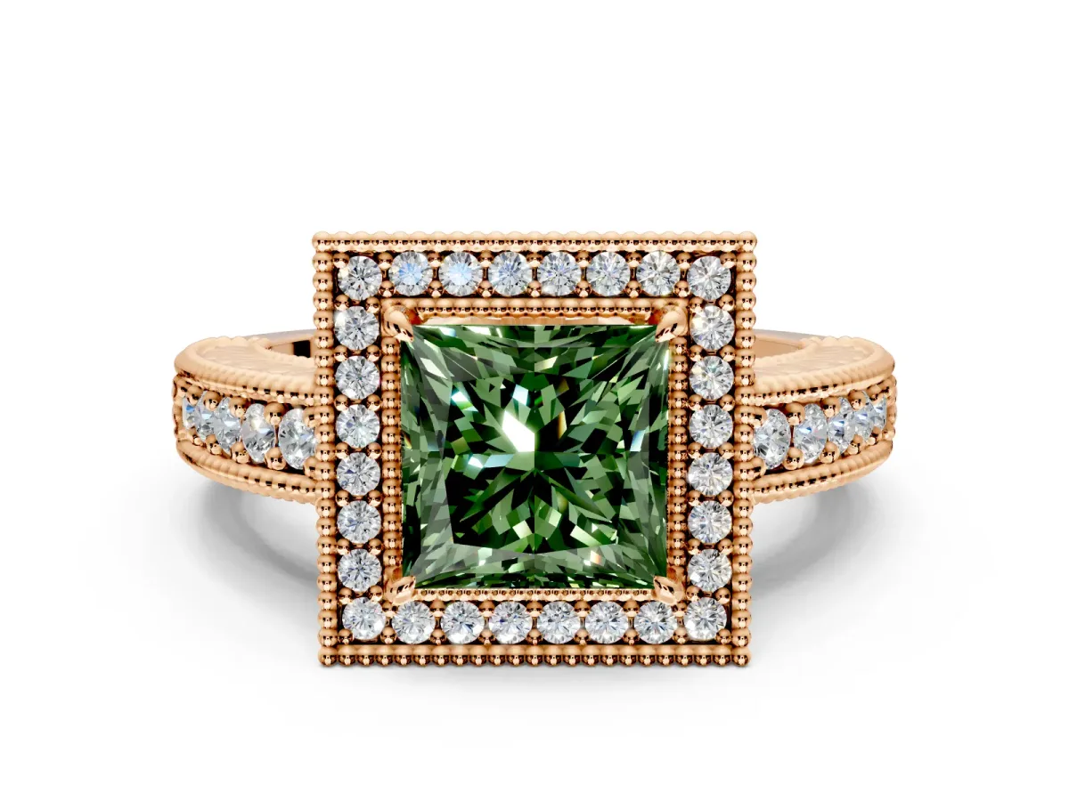 Milgrain Halo Engagement Ring Setting for Fancy Green Princess Cut Center with Pave Band and Prong Head in Rose Gold