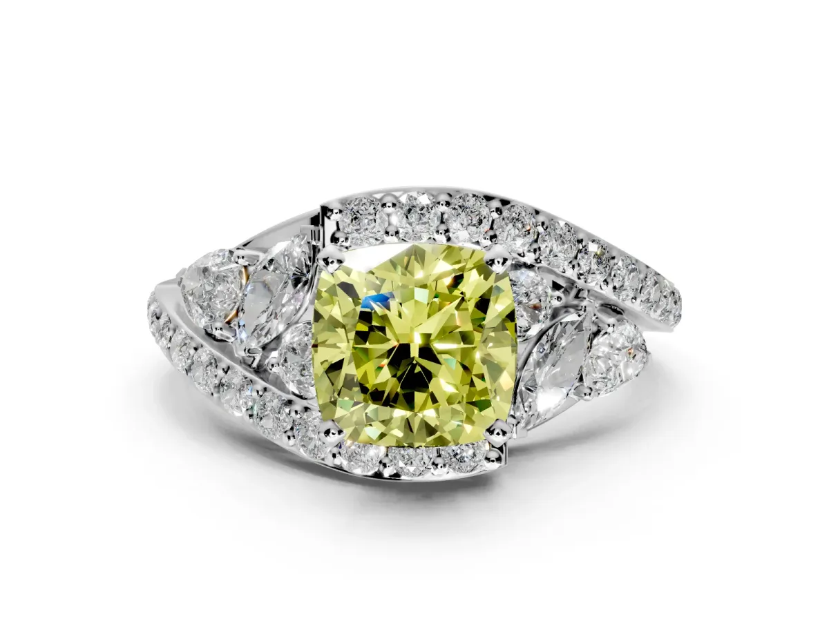 Halo Engagement Ring Setting for Fancy Yellow Cushion Cut Center with Marquise and Pave Bypass Band and Prong Head in Platinum