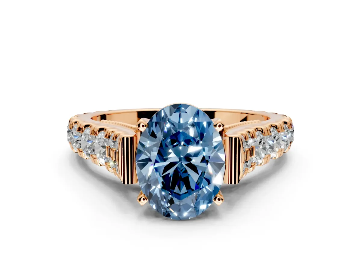 Solitaire Engagement Ring Setting for Fancy Blue Oval Center with Pave Cathedral Shoulders and Prong Head in Rose Gold