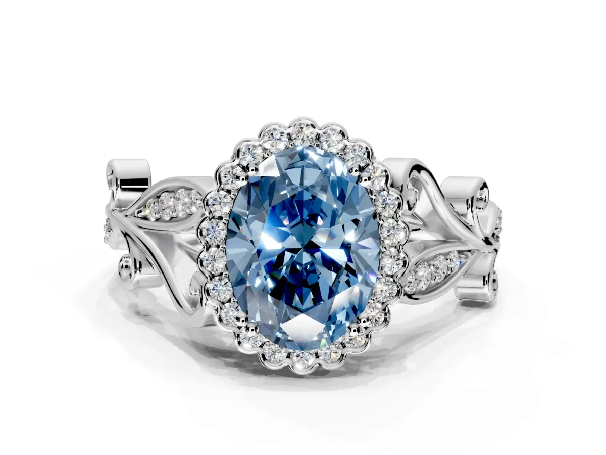 Halo Engagement Ring Setting for Fancy Blue Oval Center with Leaf Motif Split Shank and Prong Head in Platinum