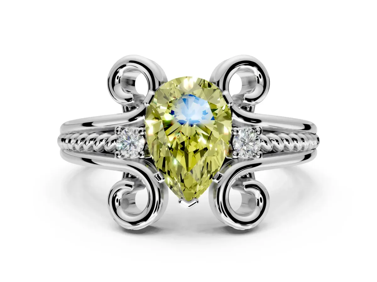 Solitaire Engagement Ring Setting for Fancy Yellow Pear-Shaped Center with Twisted Band and Scroll Prong Head in Sterling Silver
