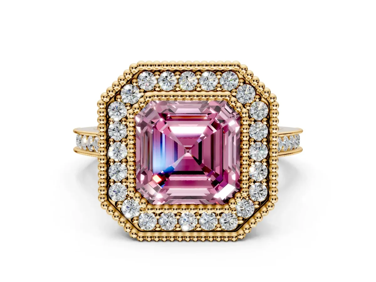 Halo Engagement Ring Setting for Fancy Pink Asscher Cut Center with Milgrain Frame, Pave Band and Prong Head in Yellow Gold