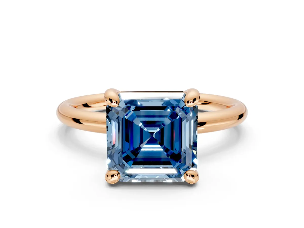 Low-Set Solitaire Engagement Ring Setting for Fancy Blue Asscher Cut Center with Thin Plain Band and Prong Head in Rose Gold