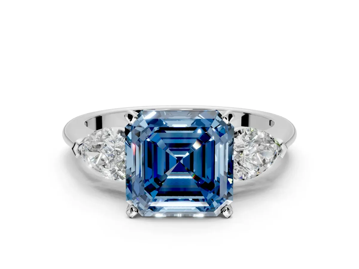 3 Stone Engagement Ring Setting for Fancy Blue Asscher Cut Center with Large Pear-Shaped Accents and Prong Head in Platinum
