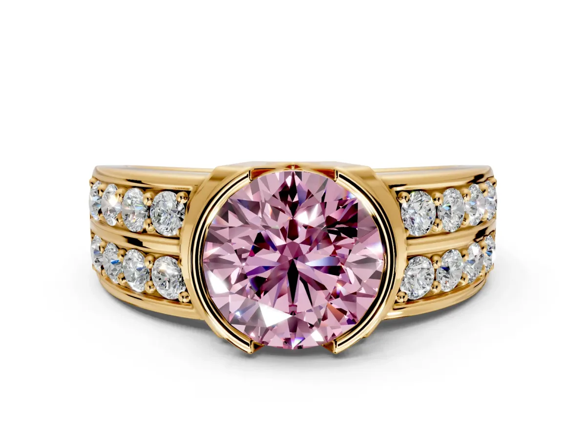 Bezel Engagement Ring Setting for Fancy Pink Round Cut Center with Wide Channel-Set Band and Bezel Head in Yellow Gold