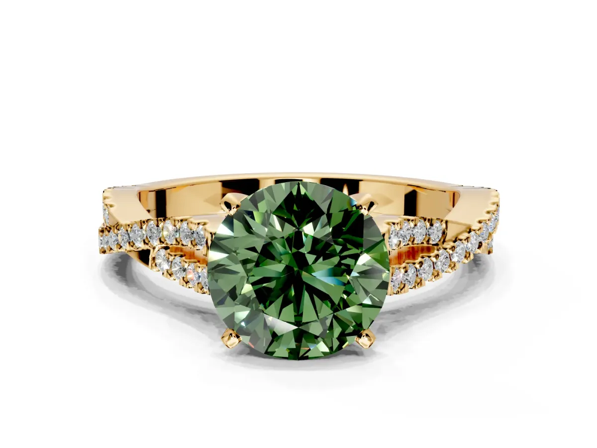 Solitaire Engagement Ring Setting for Fancy Green Round Cut Center with Twisted Pave Split Shank and Prong Head in Yellow Gold