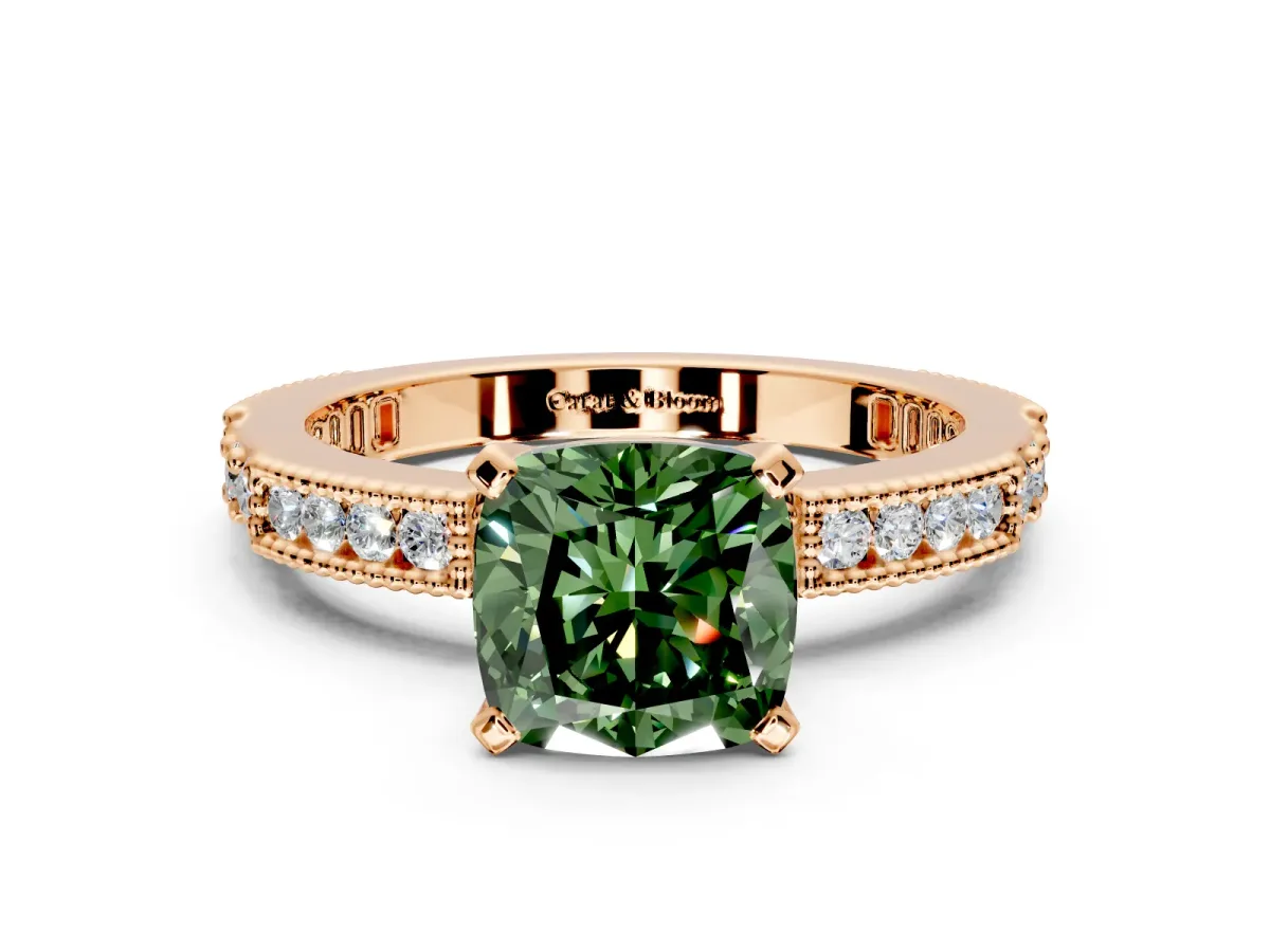Solitaire Engagement Ring Setting for Fancy Green Cushion Cut Center with Milgrain-Edged Pave Band and Prong Head in Rose Gold