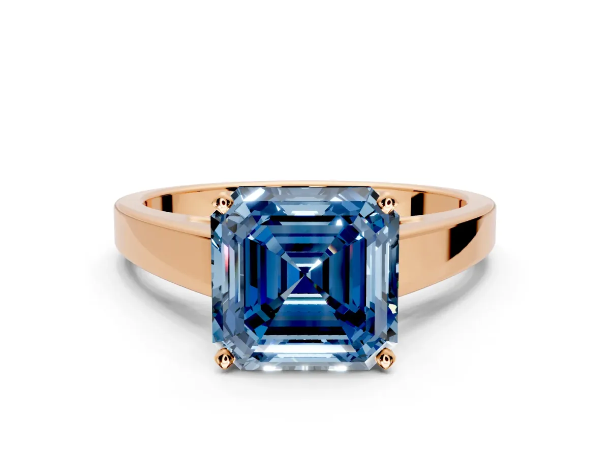 Solitaire Engagement Ring Setting for Fancy Blue Asscher Cut Center with Tapered Split Shoulders and Prong Head in Rose Gold