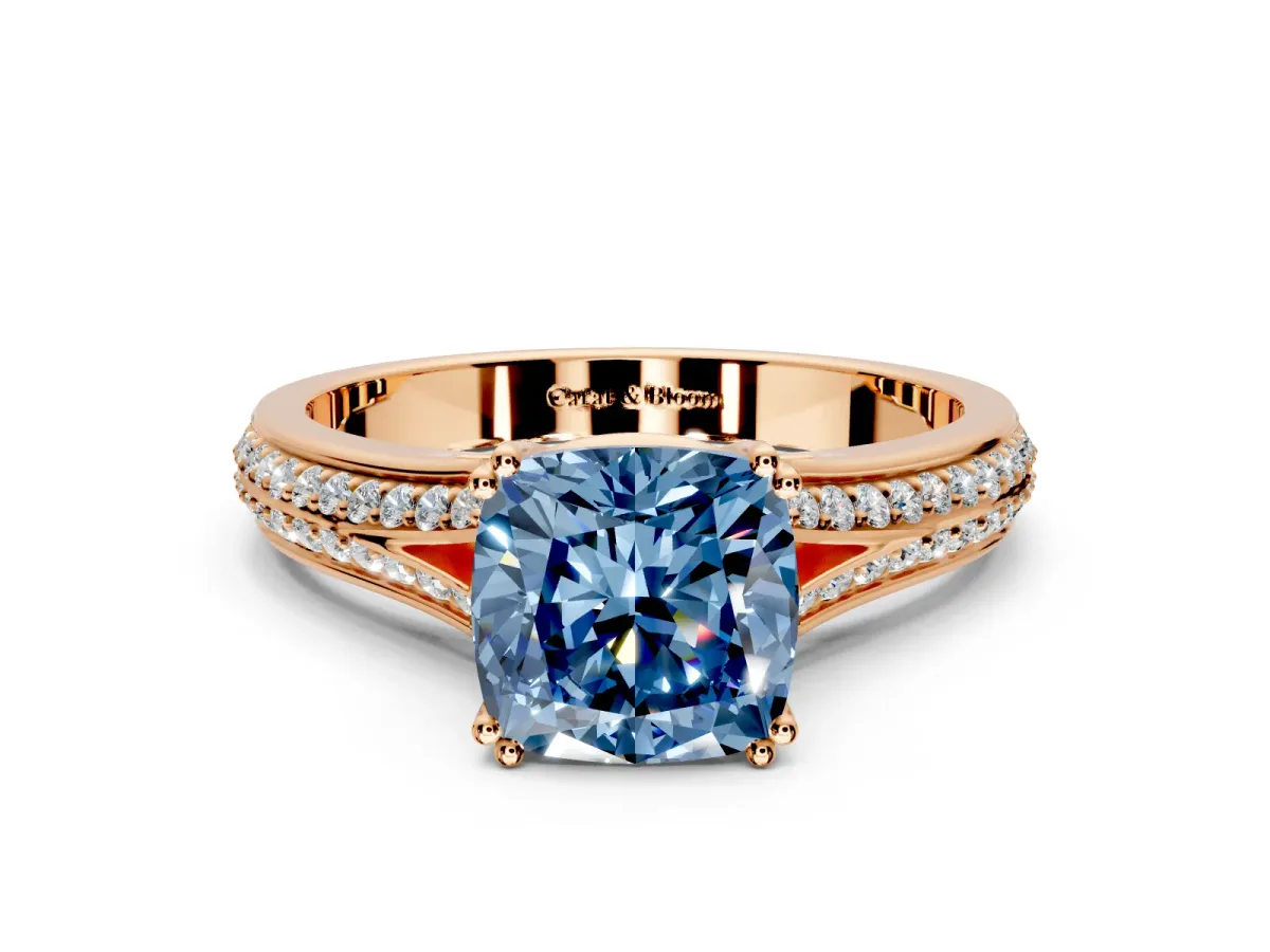 Solitaire Engagement Ring Setting for Fancy Blue Cushion Cut Center with Pave Rail Split Shank and Prong Head in Rose Gold