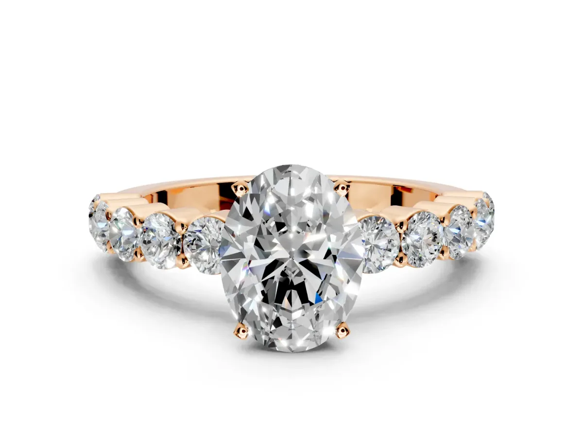 Shared-Prong Engagement Ring Setting for Oval Center with Graduated Accents and Prong Head in Rose Gold