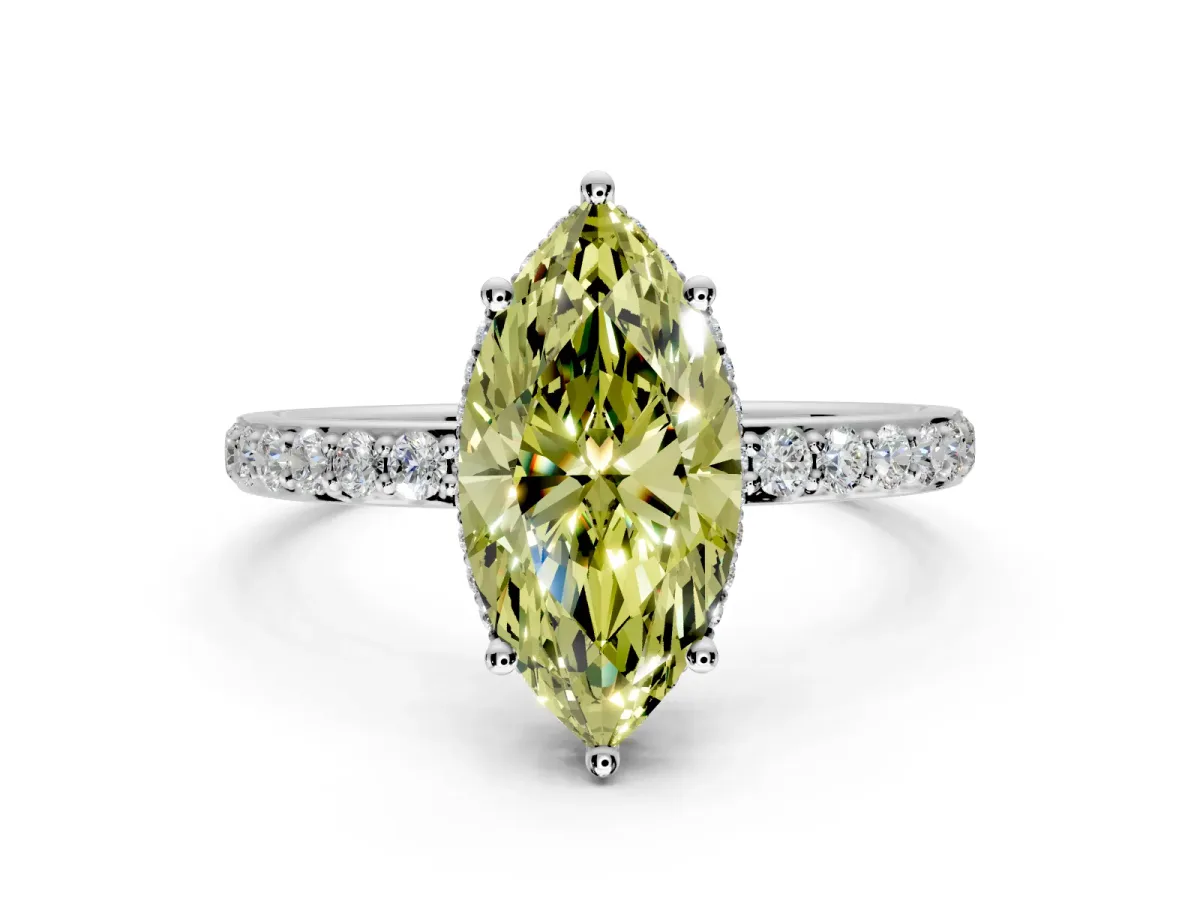 Hidden Halo Engagement Ring Setting for Fancy Yellow Marquise Center with Pave Band and Prong Head in Sterling Silver