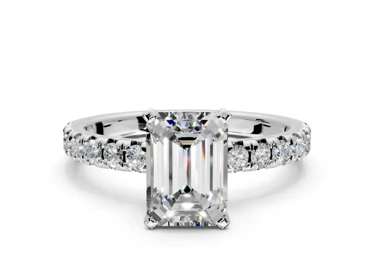 Solitaire Engagement Ring Setting for Emerald Cut Center with Large Accents and Prong Head in Platinum