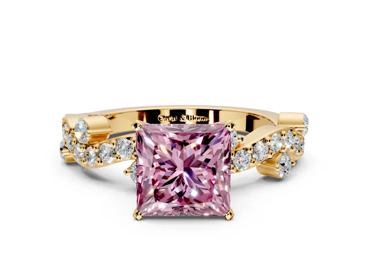 Solitaire Engagement Ring Setting for Fancy Pink Princess Cut Center with Bar-Station Pave Twist and Prong Head in Yellow Gold