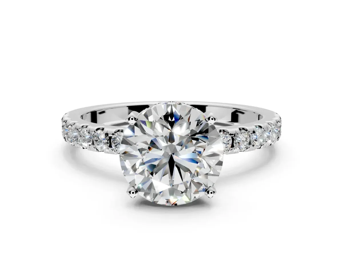 Solitaire Engagement Ring Setting for Round Cut Center with Band of Accents and Prong Head in White Gold