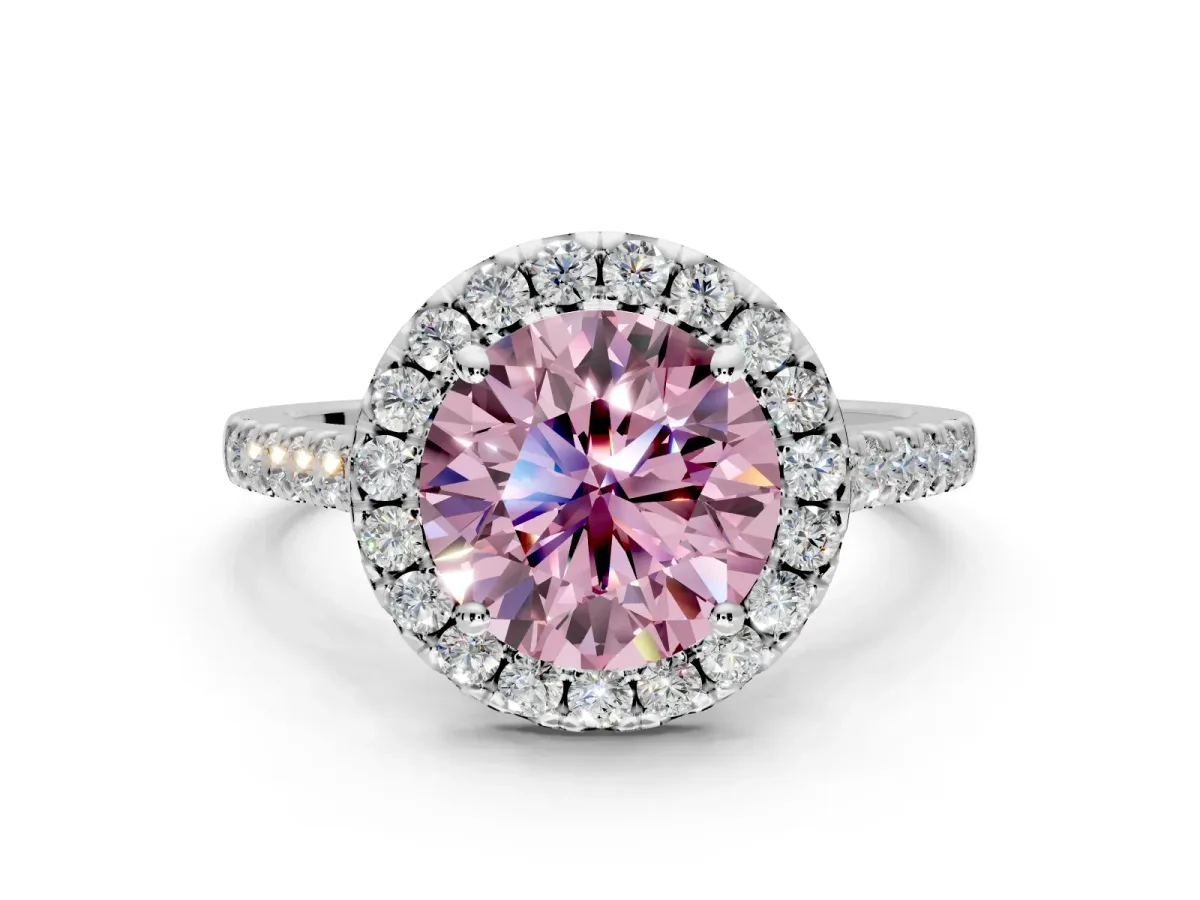 Halo Engagement Ring Setting for Fancy Pink Round Cut Center with Narrowing Pave Band and Prong Head in White Gold