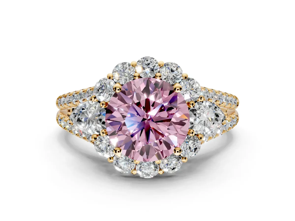 Halo Engagement Ring Setting for Fancy Pink Round Cut Center with Two-Strand Split Shank and Prong Head in Yellow Gold