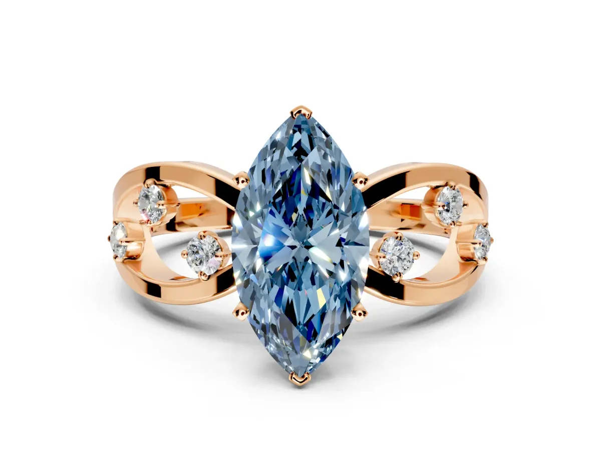 Solitaire Engagement Ring Setting for Fancy Blue Marquise Center with Criss-Cross Accent Band and Prong Head in Rose Gold