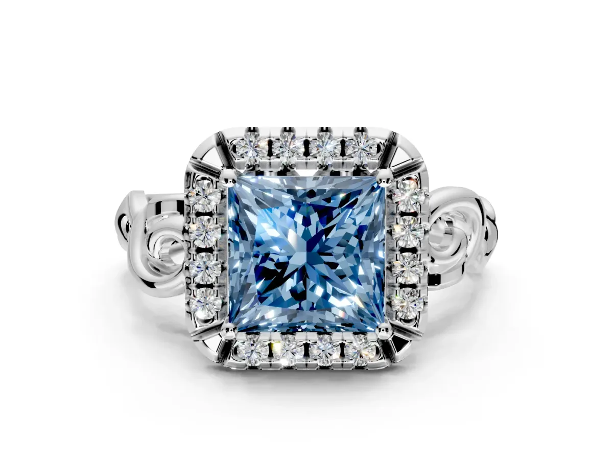 Halo Engagement Ring Setting for Fancy Blue Princess Cut Center with Open Scroll Shoulders and Prong Head in White Gold