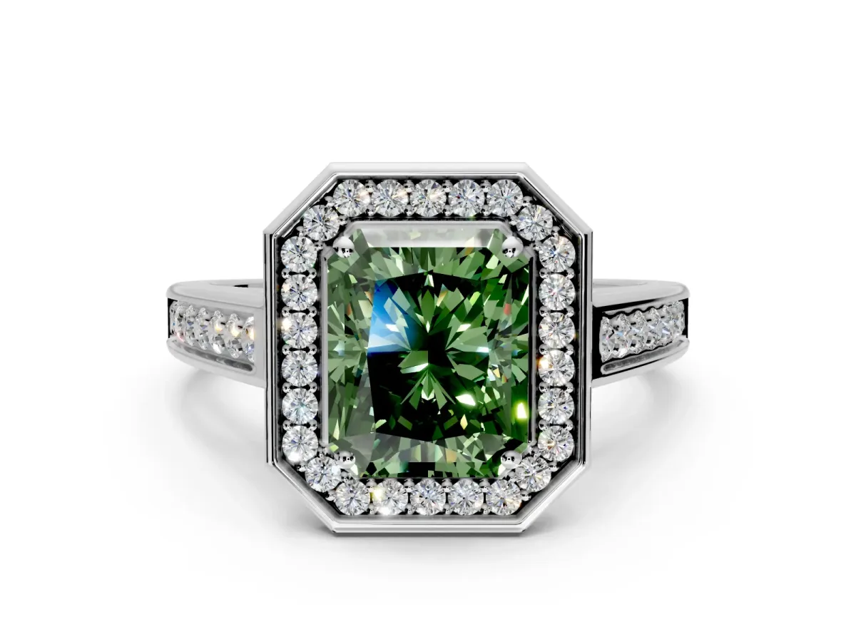 Halo Engagement Ring Setting for Fancy Green Radiant Cut Center with Outer Bezel Rim, Pave Band and Prong Head in Platinum