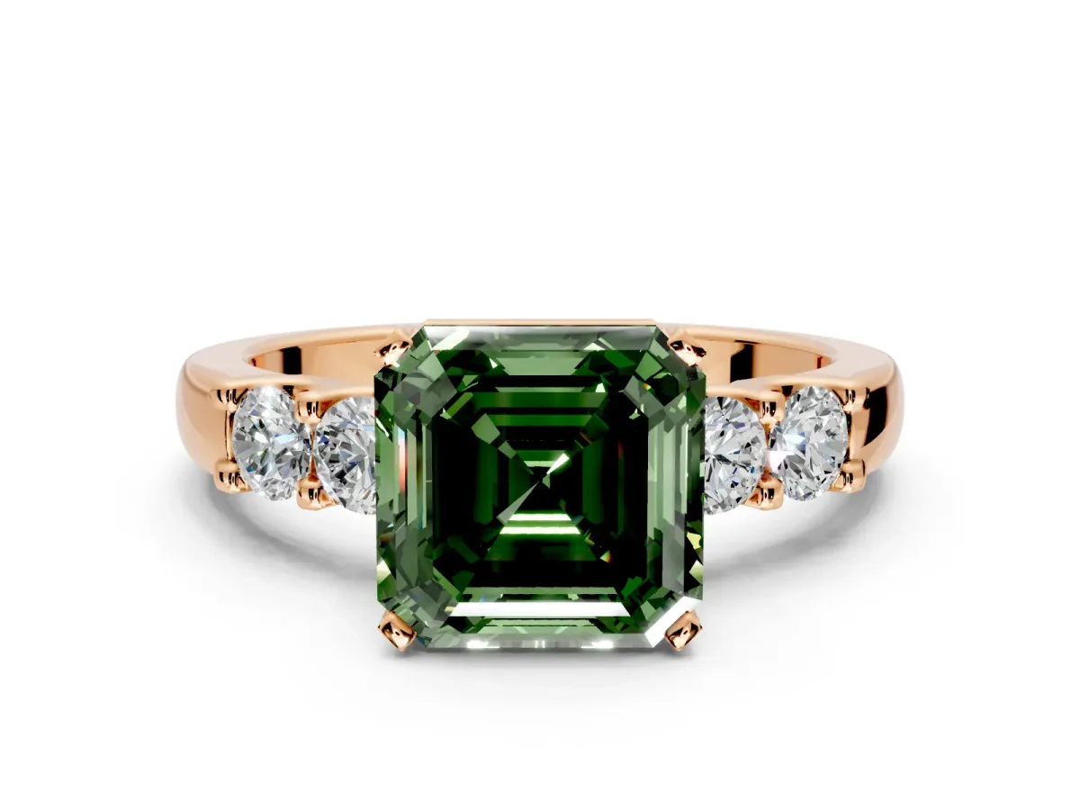 5 Stone Engagement Ring Setting for Fancy Green Asscher Cut Center with Plain Band and Prong Head in Rose Gold