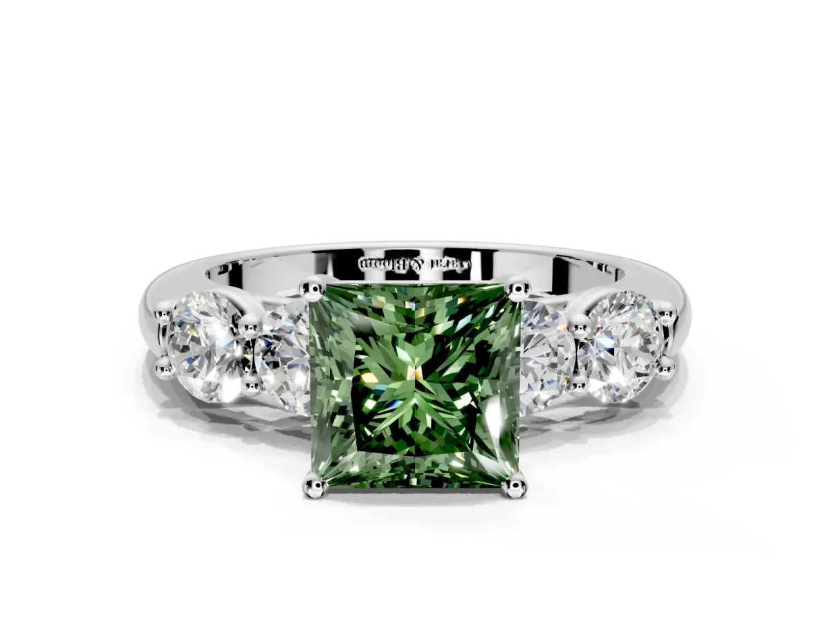 5 Stone Engagement Ring Setting for Fancy Green Princess Cut Center with Graduated Accents and Prong Head in Platinum