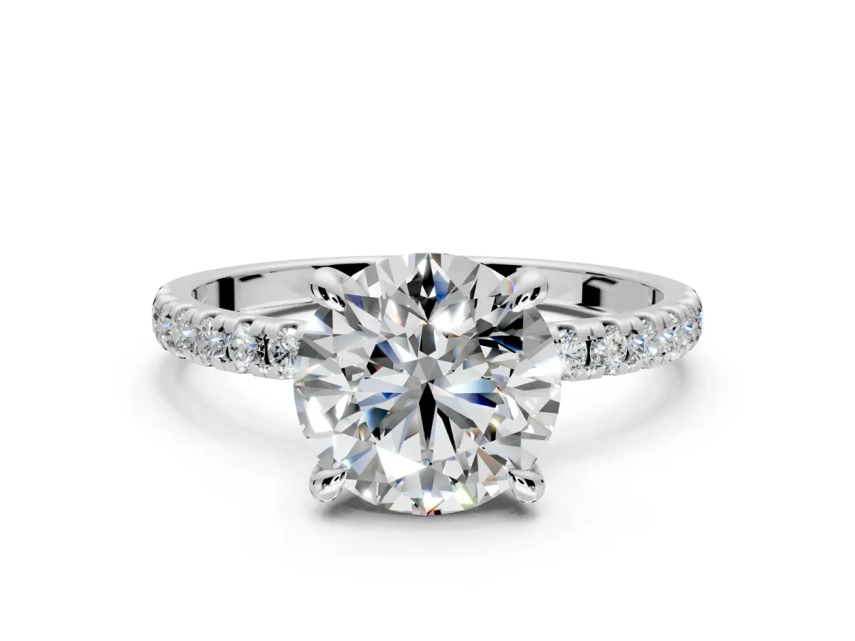 Solitaire Engagement Ring Setting for Round Cut Center with Fine Pave Narrow Band and Prong Head in Platinum