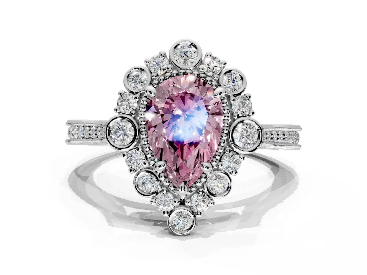 Milgrain Halo Engagement Ring Setting for Fancy Pink Pear-Shaped Center with Bezel Point Accents and Prong Head in Platinum