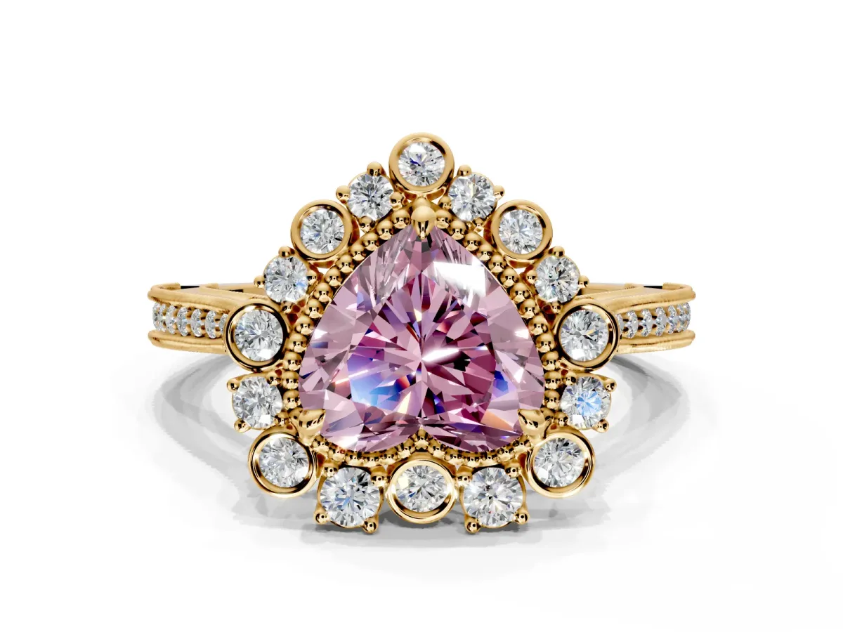 Milgrain Halo Engagement Ring Setting for Fancy Pink Heart-Shaped Center with Bezel Point Accents and Prong Head in Yellow Gold