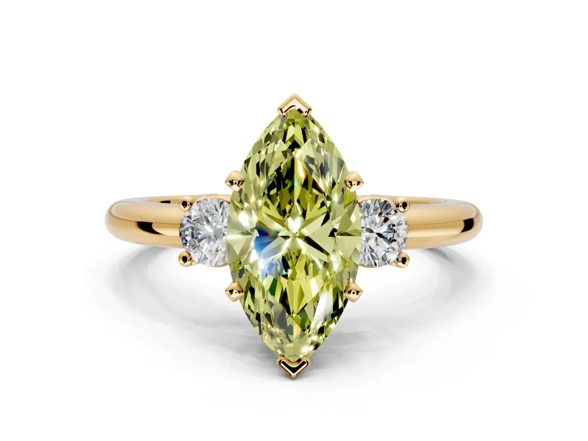 3 Stone Engagement Ring Setting for Fancy Yellow Marquise Center with Wide Plain Band and Prong Head in Yellow Gold