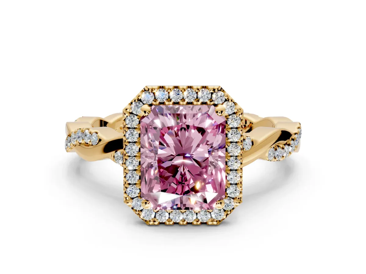 Halo Engagement Ring Setting for Fancy Pink Radiant Cut Center with Pave and Plain Twist Band and Prong Head in Yellow Gold