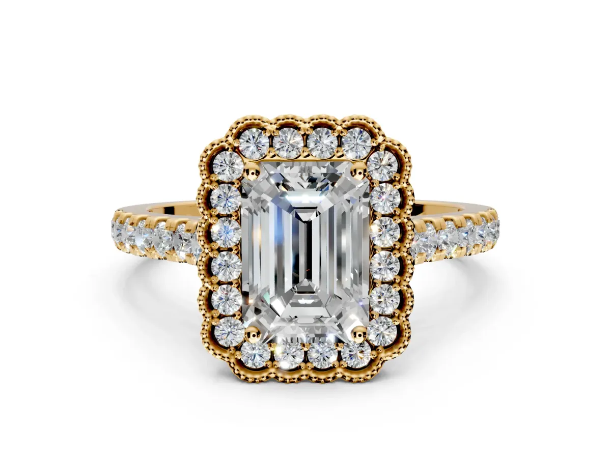 Milgrain Floral Halo Engagement Ring Setting for Emerald Cut Center with Pave Band and Prong Head in Yellow Gold